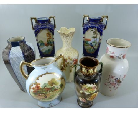 Collection of Antique vases to include Wedgwood, Pair of blue ground Nippon twin handled vases, Arthur Wood vase and a twin h