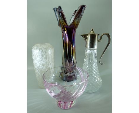 Glassware to include a Lustre Style Murano vase, moulded glass decanter with silver plate top, Two tone twist sweet bowl and 