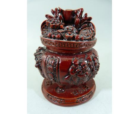 Chinese Trinket Resin pot with lid. Various character marks all over. 