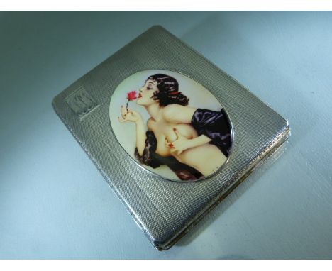 Art Deco hallmarked silver card case by John Henry Wynn Birmingham, 1929. With enamel nude pictorial to front. approx weight 