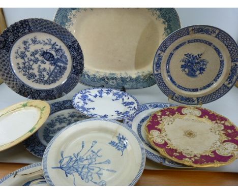 Collection of Antique plates to include a set of Three Wedgwood 19th Century blue and White Botanical plates, Mintons cabinet