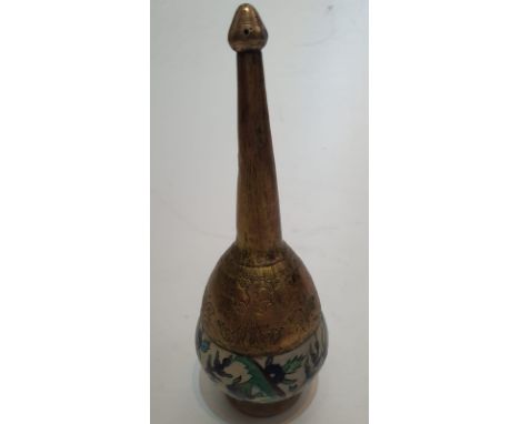 A Ottoman hand painted glazed ceramic and gilt copper rosewater sprinkler with a stylised floral design. H22cm