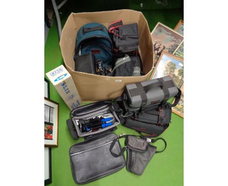 A QUANTITY OF CAMERA CASES, A GOODMAN ACE UNIVERSAL TRIPOD, ETC 