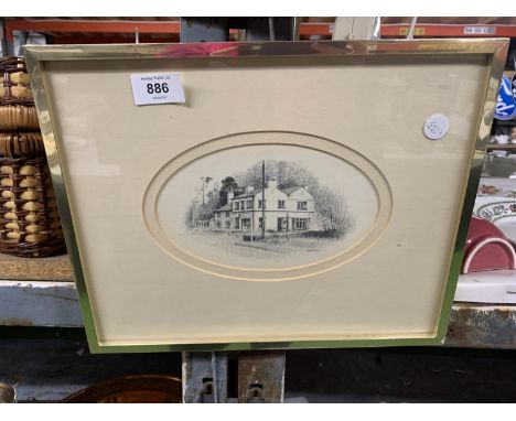 A FRAMED PRINT OF A COUNTRY HOUSE 