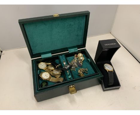 A LINED JEWELLERY BOX CONTAINING VINTAGE COSTUME JEWELLERY TO INCLUDE CUFFLINKS, A MOOD RING AND WATCHES TWO OF WHICH ARE VIN