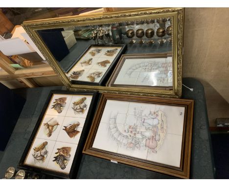 TWO FRAMED 'TILE' PICTURES, ONE DEPICTING HORSES AND ONE COTTAGE GARDEN 'AFTERNOON TEA' SCENE 