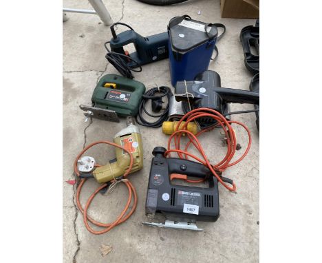 AN ASSORTMENT OF POWER TOOLS TO INCLUDE BLACK AND DECKER SANDERS, DRILLS AND JIGSAW ETC 