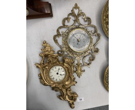 AN ORNATE STYLE RESIN BAROMETER AND A WALL CLOCK 