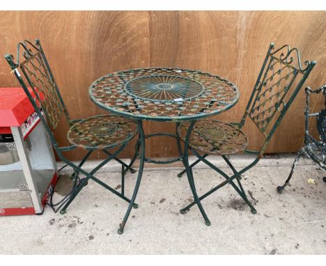 A VINTAGE CAST ALLOY BISTRO SET COMPRISING OF ROUND TABLE AND TWO CHAIRS WITH FLORAL DESIGN 
