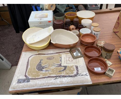 AN ASSORTRMENT OF EARTHENWARE AND CERAMIC ITEMS TO INCLUDE RAMEKINS, DISHES AND PLANT POTS ETC 