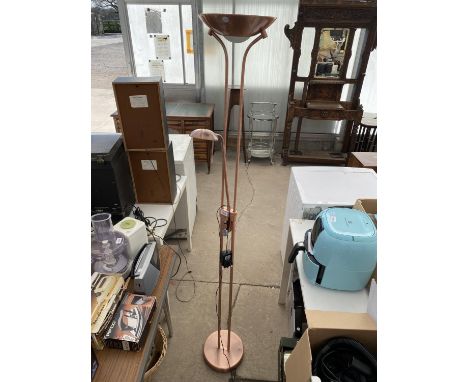 A COPPER/ROSE GOLD MOTHER AND CHILD STANDARD LAMP WITH DIMMER SWITCH 