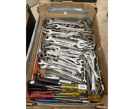 A LARGE ASSORTMENT OF TOOLS TO INCLUDE MAINLY SPANNERS AND SCREW DRIVERS ETC 