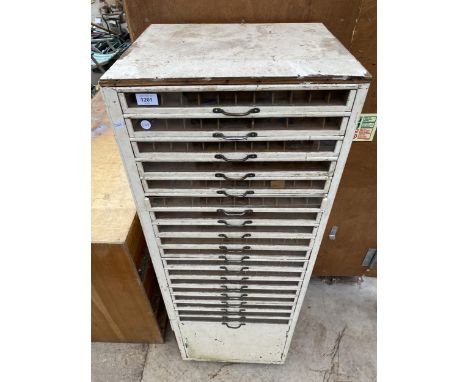 A VINTAGE EIGHTEEN DRAWER HABERDASHERY CABINET ENCLOSING LOWER CUPBOARD (H:132CM W:46CM D:40CM) 