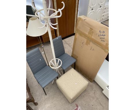 A MODERN STANDARD LAMP, UPHOLSTERED STOOL, PAIR OF FAUX LEATHER DINING CHAIRS AND A BENTWOOD COAT STAND 
