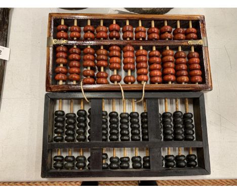 TWO WOODEN ABACUS SETS, ONE RED AND ONE BLACK 