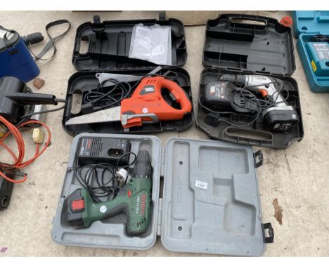 THREE POWER TOOLS TO INCLUDE A BOSCH BATTERY DRILL, A BALCK AND DECKER DRILL AND A BLACK AND DECKER SCORPION 