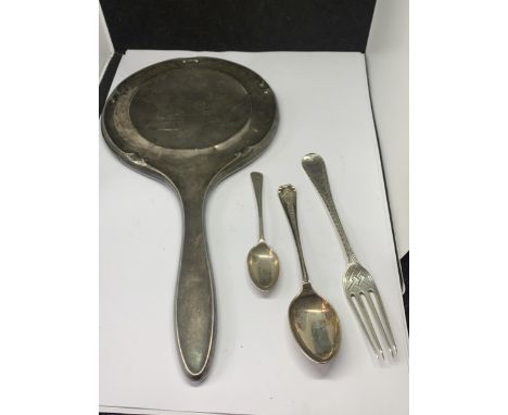 A HALLMARKED GEORGIAN SILVER FORK, A SHEFFIELD SPOON, LONDON SPOON AND A  BIRMINGHAM MIRROR BACK SILVER WEIGHT 161 GRAMS 