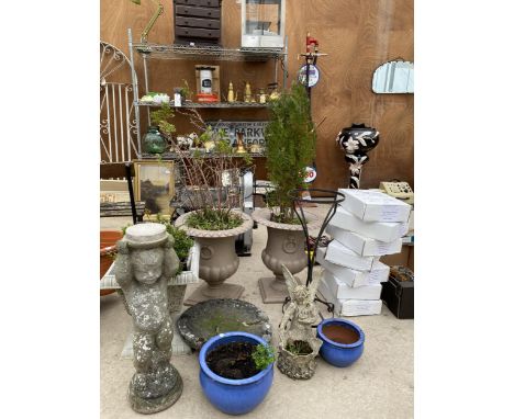 A LARGE ASSORTMENT OF GARDEN ITEMS TO INCLUDE A WROUGHT IRON PLANT STAND, A CHERUB PEDESTAL BASE AND VARIOUS PLANTERS ETC 