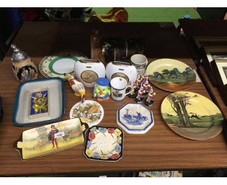 A QUANTITY OF COLLECTIBLE ITEMS TO INCLUDE, CERAMIC CLOWNS, PLATES, DISHES, VASES, SHIRE HORSE, ETC 