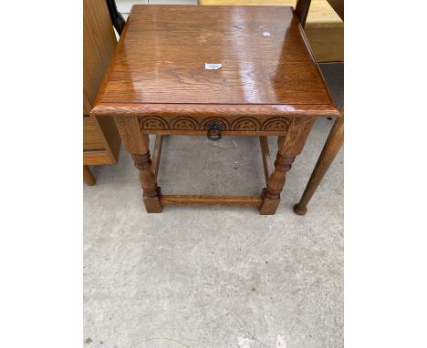 A JACOBEAN STYLE OAK LAMP TABLE WITH SINGLE DRAWER, 20" SQUARE 