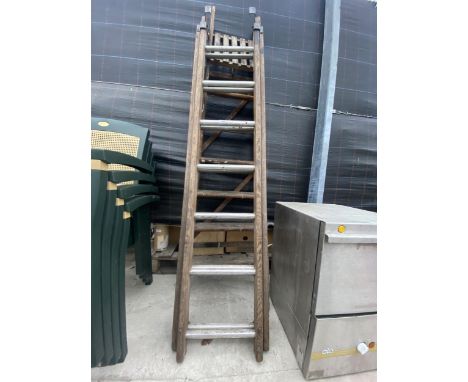 A VINTAGE WOODEN STEP LADDER AND A VINTAGE WOODEN EXTENDING LADDER 