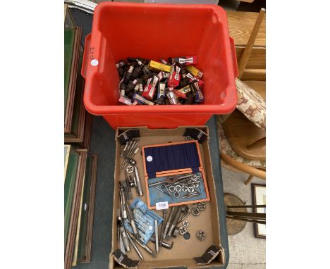 A LARGE ASSORTMENT OF TOOLS TO INCLUDE TAP AND DIES, PUNCHES AND SPARK PLUGS ETC 