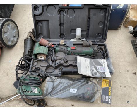 AN ASSORTMENT OF TOOLS TO INCLUDE A PALM SANDER AND A GRINDER ETC 
