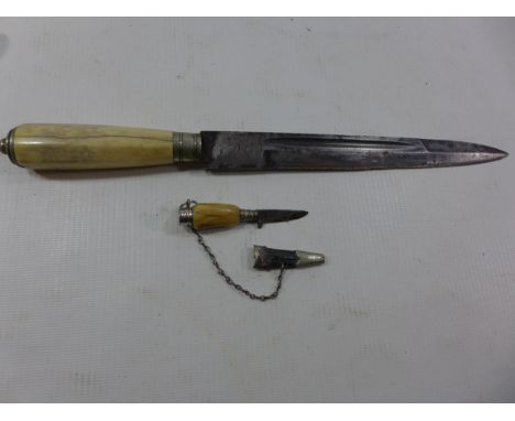 A BONE HANDLED KNIFE, 20CM BLADE, MINIATURE KNIFE, 32MM BLADE AND SCABBARD (2) 