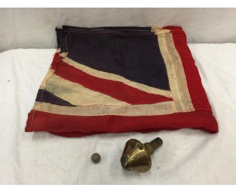 A WW1 ARTILLARY MORTAR BRASS FUSE MARKED WITH D000Z SP K AND OTHER INDISTINCT MARKINGS, A 18/19C MUSKET BALL AND A UNION JACK