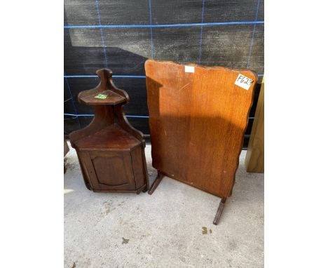 A SMALL OAK TILT-TOP TABLE AND SMALL CORNER CABINET/SHELF 