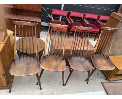 A SET OF FOUR ERCOL BLUE LABEL DINING CHAIRS 