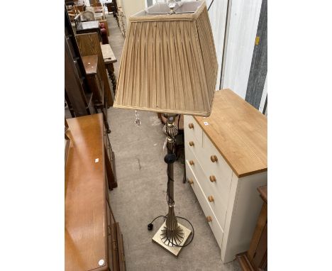 A MODERN METALWARE STANDARD LAMP COMPLETE WITH SHADE AND GLASS DROPPERS 