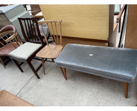 AN ERCOL STYLE KITCHEN CHAIR, A STAG DINING CHAIR AND A MODERN STOOL 