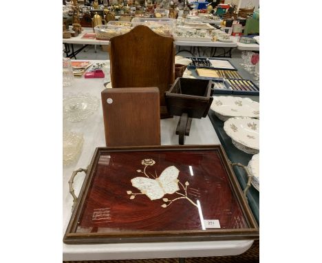 A WOODEN WHEELBARROW, BUTTERFLY INLAID TRAY, KNIFE BLOCK AND SMALL SHELF 