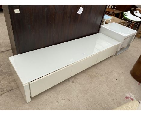 A MODERN WHITE THREE DRAWER MEDIA UNIT, 76" WIDE AND 23.5" SQUARE LAMP TABLE WITH DRAWER 