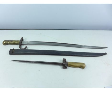 A FRENCH CHASSEPOT BAYONET, 57CM BLADE, WITH METAL SCABBARD AND A CUT DOWN FOR TRENCH FIGHTING LEBEL BAYONET, 28CM BLADE (2) 
