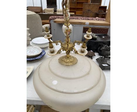A GILT FIVE BRANCH LIGHT FITTING AND A GLASS SHADE 