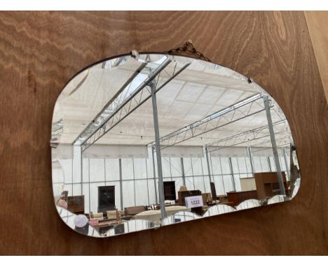 A VINTAGE ART DECO UNFRAMED BEVELED EDGE MIRROR WITH HANGING CHAIN 