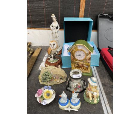 AN ASSORTMENT OF ITEMS TO INCLUDE A FRAMED PRINT ON BOARD, A DENTON POSIE AND A CLOCK ETC 