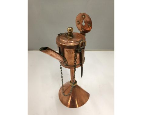 A COPPER LACE MAKERS LAMP WITH BRASS FITTINGS 