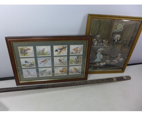 AN AFRICAN HARDWOOD FISHING SPEAR (LACKING BARBS) WITH DECORATIVE TIP AND TURNED WOOD DECORATION, LENGTH 221CM, FRAMED PRINT 