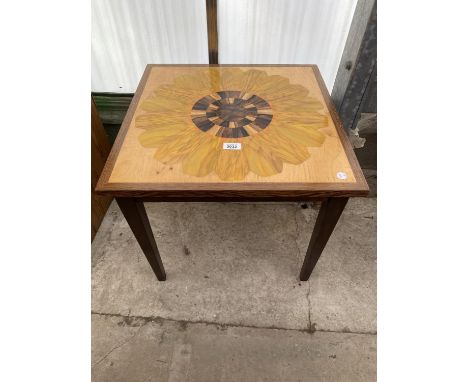 A RETRO COFFEE LAMP TABLE PROFUSELY INLAID WITH VARIIOUS WOODS, 20.5" SQUARE 