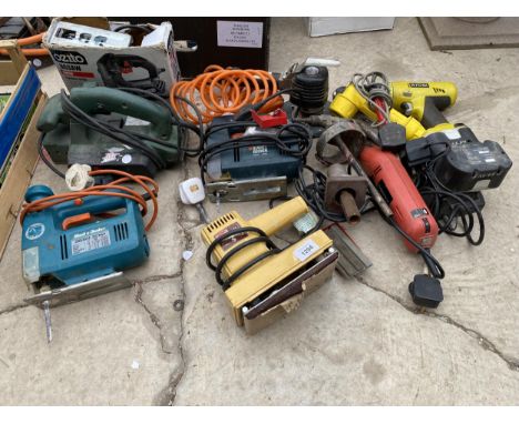 AN ASSORTMENT OF POWER TOOLS TO INCLUDE BLACK AND DECKER JIGSAWS, SANDERS AND A RYOBI DRILL ETC 