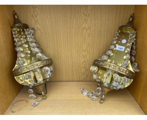 TWO ORNATE BRASS AND GLASS WALL LIGHT FITTINGS 