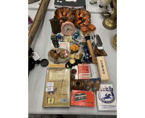 A COLLECTION TO INCLUDE A 1956 MELBOURNE OLYMPICS SILK SCARF, A TRIO OF BLUE PERFUME BOTTLES IN STAND, A VINTAGE BRASS BELL E