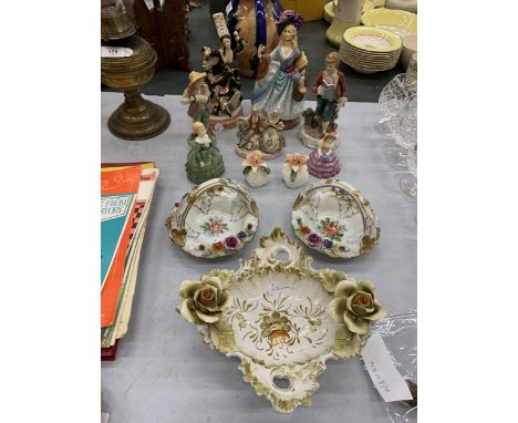 SEVEN CERAMIC FIGURES AND THREE FLORAL DECORATIVE DISHES 