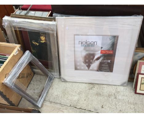 FOUR NEW PICTURE FRAMES TO INCLUDE A 'NIELSEN DESIGN' 70CM X 70CM CLASSIC ALUMINIUM READY MADE FRAME, FRAMED PRINT AND A MIRR