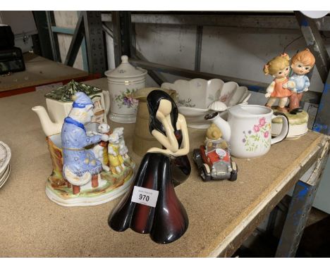 A NUMBER OF CERAMIC FIGURES, A TEAPOT AND A LARGE DISH 