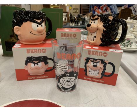 TWO BEANO CERAMIC MUGS DENNIS AND GNASHER AND A THIRD GLASS 