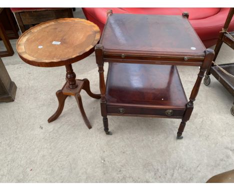 AN OVAL YEW WOOD WINE TABLE AND TWO TIER LAMP TABLE WITH SLIDE 